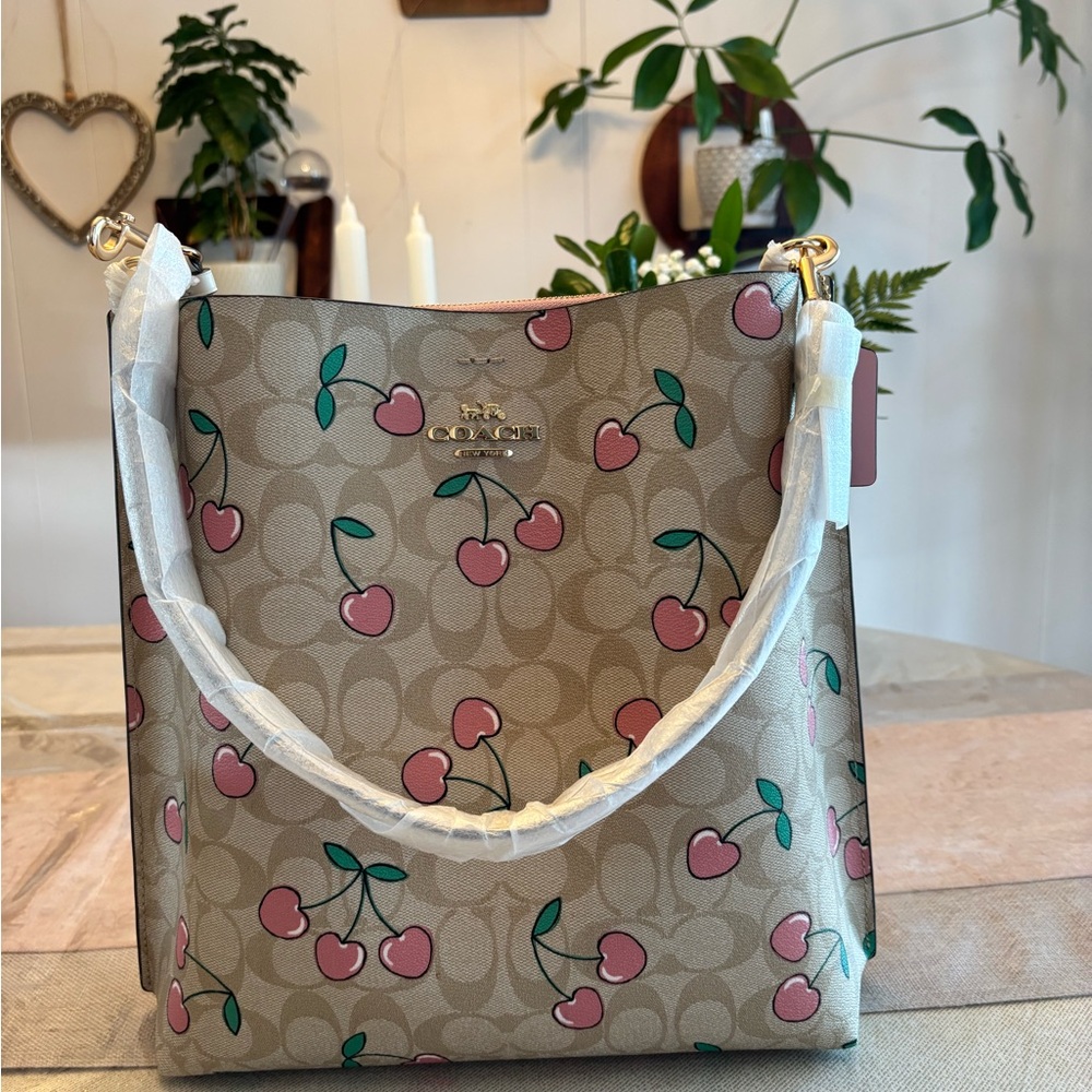 Coach Cherry Print Tan Shoulder Bag - Picture 12 of 16